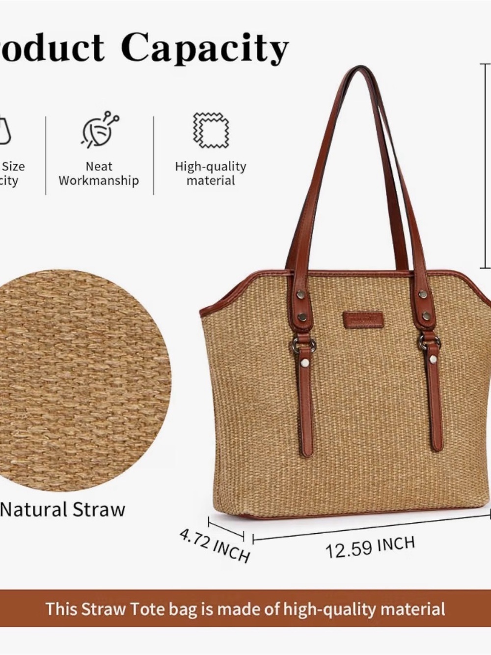 NWT Tote Bag, Large Capacity Straw & Vegan Leather Tote bag. - Picture 5 of 7
